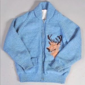 Vintage Cowichan Blue Chunky Sweater Deer Zipped